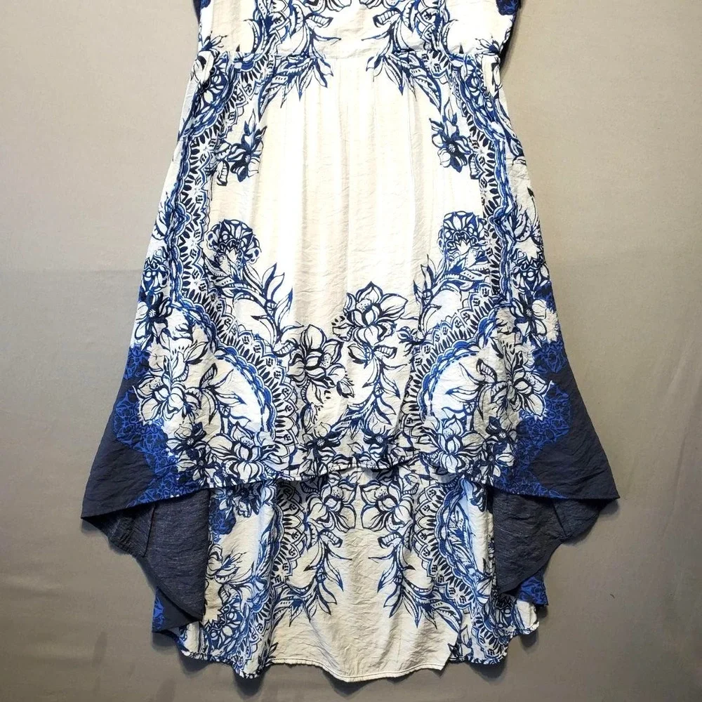 Free People Blue White Toile High Low Dress Lace Back Cottagecore Coastal Boho S